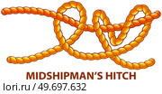 Yellow nautical rope knot, interweaving of ropes, cables, tapes or other flexible linear materials. Midshipmans hitch isolated on white. Household binding and fastening unit for permanent fastening. Midshipmans hits isolated on white. Household binding and fastening unit for permanent fastening. Стоковая иллюстрация, агентство Ingram Publishing / Фотобанк Лори