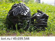 Два черных мешка с мусором на зеленой траве. Стоковое фото, фотограф Евгений Ковальский / Фотобанк Лори
