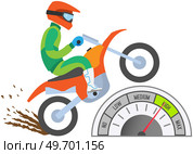 Man riding sport bike and doing sports stunt at competitions, addicted to drive at high speed. Motorcyclist brave person. Speedo with scales and pointers for measurement of speed and kilometers. Man riding sport bike and doing sports stunt at competitions, addicted to drive at high speed. Стоковая иллюстрация, агентство Ingram Publishing / Фотобанк Лори