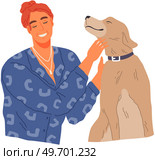 Pet owner female character plays with dog strokes his fur with hand. Caring for four-footed friend. Doggy and happy woman friends isolated on white background. Fun domestic animal, human companion. Pet owner female character plays with dog strokes his fur with hand. Caring for four-footed friend. Стоковая иллюстрация, агентство Ingram Publishing / Фотобанк Лори