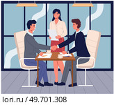 Business partnership cooperation beginning. Businessmen shaking hands after signing contract agreement. Business meeting of partners in office. Male colleagues discussing work and closing deal. Business partnership cooperation. Businessmen shaking hands after signing contract agreement. Стоковая иллюстрация, агентство Ingram Publishing / Фотобанк Лори