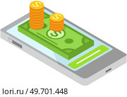 Make money online with smartphone and internet, getting paid from app. Pile of dollars bills on mobile phone screen. Excellent income and wages. Successful paying jobs or high salary career. Make money online with smartphone and internet, getting paid from app, payment, banking with phone. Стоковая иллюстрация, агентство Ingram Publishing / Фотобанк Лори