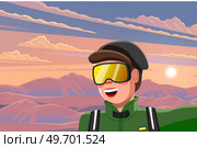 Man in sunglasses with backpack, traveller or explorer standing on top of mountain or cliff and looking on valley on sunset. Concept of discovery, exploration, hiking, adventure tourism and travel. Man in sunglasses with backpack, traveller or explorer standing on top of mountain or cliff. Стоковая иллюстрация, агентство Ingram Publishing / Фотобанк Лори