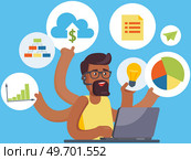 Man doing simultaneously many tasks. Male employee trying to deal with deadlines. Overworking, overload at work, time management, planning concept. Person with many hands coping with multitasking. Man doing simultaneously many tasks. Male employee trying to deal with deadlines, overworking. Стоковая иллюстрация, агентство Ingram Publishing / Фотобанк Лори