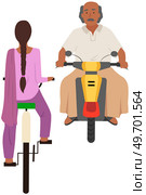 Young girl rides bicycle. Recreation and sports. Activity on city street. Cycling, health care. Active lifestyle. Female character bicyclist. Driving old indian man on road. Elderly male riding motor. Young girl rides bicycle isolated. Recreation and sport. Activity on city street. Elderly male riding motor. Стоковая иллюстрация, агентство Ingram Publishing / Фотобанк Лори