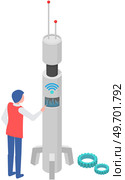 5G network technology. Communication tower wireless high speed internet. Base station, mobile data tower, cellular equipment, telecommunication signal transmitter, antenna. Wifi connection equipment. 5G network technology. Connection tower wireless high speed internet. Base station mobile data tower. Стоковая иллюстрация, агентство Ingram Publishing / Фотобанк Лори
