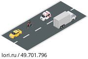 Municipal transport moves along road of city. Ambulance car, police, public city bus and motorcycle or moped. Vehicle for transporting passengers and patients. Automobile driving on highway of town. Municipal transport moves along road of city. Ambulance car, police, public city bus and motorcycle. Стоковая иллюстрация, агентство Ingram Publishing / Фотобанк Лори