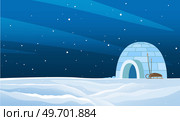 Igloo made from ice bricks in snowy winter landscape. Housing for indigenous north families. Snow house or hut single located on ground. Beautiful view of circumpolar place in Arctic, north pole. Igloo made from ice bricks in snowy winter landscape. Snow house or hut in Arctic, north pole. Стоковая иллюстрация, агентство Ingram Publishing / Фотобанк Лори