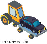 Car transport tow truck loaded with machine. Car transporter, special equipment for transporting or evacuating automobiles. Loader vehicle with auto on hindcarriage isolated on white background. Car transporter, equipment for transporting automobiles. Loader vehicle with auto on hindcarriage. Стоковая иллюстрация, агентство Ingram Publishing / Фотобанк Лори
