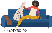 Female pet owner sitting and playing with dog on couch. Caring for animals, joint pastime with pets concept. African lady with domestic animal on sofa. Girl with dalmatian spends time at home. Pet owner sitting and playing with dog on couch. African lady with dalmatian spends time at home. Стоковая иллюстрация, агентство Ingram Publishing / Фотобанк Лори