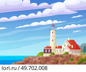 Lighthouse on sea coast. Summer landscape of ocean beach with beacon on cliff. Scenery of nature with sea and building. Lighthouse on bank, rocks and plants. Scenic landscape, view of beacon. Summer landscape of ocean beach with beacon on cliff. Beautiful scenery of sea with lighthouse. Стоковая иллюстрация, агентство Ingram Publishing / Фотобанк Лори