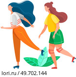 Two girls rollerblading. People ride rollerblades together. Summer sports. Friends sliding roller skates on asphalt. Extreme hobby and outdoor recreation. Type of active leisure, teenage couple. Two girls rollerblading. People ride rollerblades together. Friends sliding roller skates isolated. Стоковая иллюстрация, агентство Ingram Publishing / Фотобанк Лори