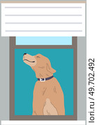 Character dog looking out opened window with jalousie, cartoon illustration, doggy on balcony in apartment. Pet is waiting for its owner at home, looking outside, breathing fresh air, happy pooch. Character dog looking out opened window with jalousie, cartoon illustration, doggy on balcony. Стоковая иллюстрация, агентство Ingram Publishing / Фотобанк Лори