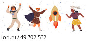 Set of happy people in different costumes for space party. Characters dressed as astronauts, explorers. Outfit for holiday in cosmic style. Men and women in creative self made suits for costume party. Set of happy people in different costumes for space party. Characters in creative self made outfits. Стоковая иллюстрация, агентство Ingram Publishing / Фотобанк Лори