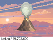Strong jet of effluent hot lava. Erupting rock pinnacle volcano disaster with burning fire. Volcanic eruption mountain with magma in exotic village. Volcano with lava on tourist tropical island. Volcanic eruption mountain with magma in exotic village. Volcano with lava on tropical island. Стоковая иллюстрация, агентство Ingram Publishing / Фотобанк Лори