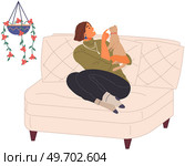 Pet owner female character plays with cat, holding fluffy kitty on her hands talking to him. Caring for four-footed friend. Tomcat and happy woman, friends. Fun domestic animal, human companion. Pet owner female character plays with cat, holding fluffy kitty on her hands talking to him. Стоковая иллюстрация, агентство Ingram Publishing / Фотобанк Лори