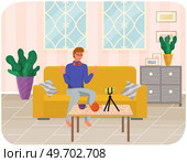 Phone on tripod. People broadcasting, stream on smartphone. Live streaming. Video blog recording, male blogger using mobile and tripod stand. Illustration of making videos for social media publishing. Phone on tripod. People broadcasting, video blog recording, stream on smartphone. Live streaming. Стоковая иллюстрация, агентство Ingram Publishing / Фотобанк Лори