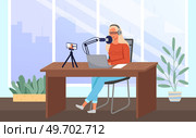Podcaster woman character in office room interior. Girl listening audio podcast and speaking at live streaming use smartphone and laptop on her vlog. Podcaster making, blogger, technology concept. Podcaster woman character in office room interior. Girl listening audio podcast. Стоковая иллюстрация, агентство Ingram Publishing / Фотобанк Лори
