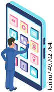 Man interacts with mobile phone digital device presses app button on smartphone. Tablet screen with interface. Concept of business assistance. Interactive touch screen with application, phone service. Man interacts with mobile phone digital device presses app button on smartphone, phone service app. Стоковая иллюстрация, агентство Ingram Publishing / Фотобанк Лори