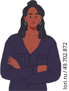 Portrait of successful girl with arms crossed. African american businesswoman serious facial expression. Dark skinned female character standing isolated on white. Person dressed in blue shirt. Portrait of girl with arms crossed. African american businesswoman serious facial expression. Стоковая иллюстрация, агентство Ingram Publishing / Фотобанк Лори