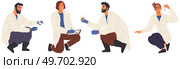 Scientists with flaks, test tube, data clipboard. Researchers working on scientific experiment with biomaterial. People in lab coats with research equipment. Men and women work with laboratory testing. Researchers working on experiment with biomaterial. People in lab coats with research equipment. Стоковая иллюстрация, агентство Ingram Publishing / Фотобанк Лори
