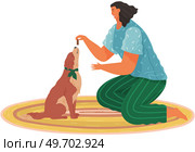Female pet owner with dog training, playing. Caring for four-footed friend concept. Girl feeding puppy, domestic animal, human companion while training. Pet follows command of woman with dog food. Female pet owner with dog training and playing. Girl feeding puppy, domestic animal at home. Стоковая иллюстрация, агентство Ingram Publishing / Фотобанк Лори