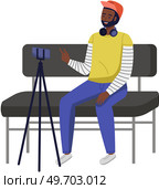 Podcaster making, blogger, technology concept. Young smiling man cartoon character sitting recording podcast on his smartphone. Person talking to friend with video call, study online with phone. Podcaster making, blogger, technology concept. Young man cartoon character sitting recording podcast. Стоковая иллюстрация, агентство Ingram Publishing / Фотобанк Лори