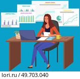 Manager analyzes data scene. Female character researching statistics from charts. Increase sales and skills. Monitoring investment. Finance report graph. Woman sitting with laptop looking at diagram. Manager analyzes data scene. Increase sales and skills. Monitoring investment. Finance report graph. Стоковая иллюстрация, агентство Ingram Publishing / Фотобанк Лори