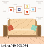 Soft couch. Leisure furniture. Sofa or divan. Arrangement of furniture and layout premises. Living room interior design sofa element. Comfortable lounge. Modern model of settee icon. Luxury divan. Soft couch with colorful pillows vector illustration. Sofa isolated. Стоковая иллюстрация, агентство Ingram Publishing / Фотобанк Лори