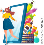 Woman with loudspeaker attracts people. Marketing strategy to attract potential customers. Effect of advertising on senses and mind. Motivation to visit site, make purchase. Product presentation. Woman with loudspeaker attracts people. Marketing strategy to attract potential customers. Стоковая иллюстрация, агентство Ingram Publishing / Фотобанк Лори