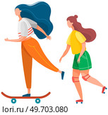 Young people active lifestyle extreme sport set. Girls roller skating and riding skateboard. Hipster sports walk, hobby. Skateboarding and rollerblading. Teenagers have fun walking isolated friends. Young people active lifestyle extreme sport set. Girls roller skating and riding skateboard in park. Стоковая иллюстрация, агентство Ingram Publishing / Фотобанк Лори