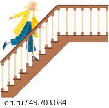 Young business woman running up stairs. Happy feminist climbing career ladder isolated person. Girl steps up stairs to successful point, run to her goal on apex. Business concept, way to big time. Young business woman running up stairs. Happy feminist climbing career ladder isolated person. Стоковая иллюстрация, агентство Ingram Publishing / Фотобанк Лори