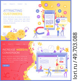 Set of webpage design templates for increase conversion and attracting cusomers. Website for sales, customer base analysis. People work with seo optimization. Workers developing shopping web page. Workers develop shopping program. Set of websites for increase conversion and attracting cusomers. Стоковая иллюстрация, агентство Ingram Publishing / Фотобанк Лори
