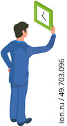 Man holding clock in hand to delay time. Businessman controls time wants to deal with deadline. Watch as symbol of time management. Timekeeper with seconds and minutes in hands. Timer with arrows. Man holding clock in hand to delay time. Businessman controls time wants to deal with deadline. Стоковая иллюстрация, агентство Ingram Publishing / Фотобанк Лори