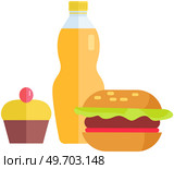 Unhealthy nutrition, fat eating, overweight concept. Products for design fast food menu. Fastfood meals vector illustration. Hamburger with lemonade and cake. Burger, fizzy drink and cupcake. Hamburger with lemonade and cake. Products for design fastfood menu. Burger, fizzy drink and cupcake. Стоковая иллюстрация, агентство Ingram Publishing / Фотобанк Лори