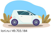 White compact hatchback vehicle with blue small windows and yellow headlamps. Subcompact automobile, baby car. Vector illustration of mini car isolated on white background. Parked outside vehicle. White compact hatchback vehicle with blue small window and yellow headlamps. Mini car parked outside. Стоковая иллюстрация, агентство Ingram Publishing / Фотобанк Лори