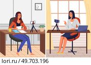 Podcaster woman character in office room interior. Girl listening audio podcast and speaking at live streaming use smartphone and laptop on her vlog. Podcaster making, blogger, technology concept. Podcaster woman character in office room interior. Girl listening audio podcast. Стоковая иллюстрация, агентство Ingram Publishing / Фотобанк Лори