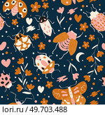 Seamless pattern with cute bugs, beetles, moth and insects, with floral elements, hearts and dots. Colorful hand drawn vector illustration. Стоковая иллюстрация, агентство Ingram Publishing / Фотобанк Лори