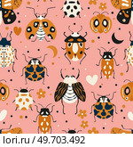 Seamless pattern with cute bugs, beetles, moth and insects, with floral elements, hearts and dots. Colorful hand drawn vector illustration. Стоковая иллюстрация, агентство Ingram Publishing / Фотобанк Лори