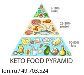Ketogenic diet food pyramid. Carbohydrate, protein and fats balance infographics. Healthy food concept. Vector illustration. Стоковая иллюстрация, агентство Ingram Publishing / Фотобанк Лори