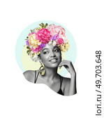 Abstract art collage of a young African woman with flowers on her head. Conceptual fashion art design in a modern style. Стоковое фото, агентство Ingram Publishing / Фотобанк Лори