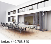 outdoor dining table in the patio. 3d rendering concept. outdoor dining table in the patio. Стоковое фото, агентство Ingram Publishing / Фотобанк Лори