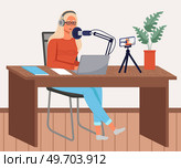 Podcaster woman character in office room interior. Girl listening audio podcast and speaking at live streaming use smartphone and laptop on her vlog. Podcaster making, blogger, technology concept. Podcaster woman character in office room interior. Girl listening audio podcast. Стоковая иллюстрация, агентство Ingram Publishing / Фотобанк Лори