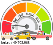 Color speedometer and cars with drivers. Tachometer with arrow and sectors isolated on white. Speedo with scales and pointers for measurement of speed and kilometers measuring instrument in automobile. Color speedometer and cars with drivers. Tachometer with arrow to control exceeding speed limits. Стоковая иллюстрация, агентство Ingram Publishing / Фотобанк Лори