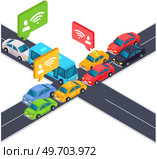 Crossroad street with cars in traffic jam. Intersection with automobiles while driving. Track with accident or car collision. Highway, intersecting roads with passenger and public transport. Crossroad street with cars in traffic jam, accident. Intersection with automobiles while driving. Стоковая иллюстрация, агентство Ingram Publishing / Фотобанк Лори
