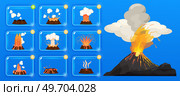 Volcanic eruption stages set. Steaming volcano, hot burning magma approach, splash and spreading of lava. Vulcanology, geology, study of seismic activity concept. Erupting rock pinnacle volcano. Volcanic eruption stages set. Steaming volcano, burning magma approach, splash and spreading of lava. Стоковая иллюстрация, агентство Ingram Publishing / Фотобанк Лори