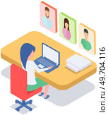 Social media app remote communication program for computer. Distance chatting, internet video call with friends. Virtual conversation. Girl with laptop during video conference meeting online broadcast. Remote communication program for computer. Distance chatting, internet video call with friends. Стоковая иллюстрация, агентство Ingram Publishing / Фотобанк Лори