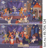 Animators at birthday party in cosmic style. Theme party in costumes. Dancing people in costumes have fun at space party. Characters in self made outfits surrounded by cosmic bodies, space disco. Animators at birthday in cosmic style. Theme party in costumes. People in costumes have fun at space party. Стоковая иллюстрация, агентство Ingram Publishing / Фотобанк Лори