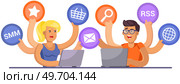 Woman and man doing simultaneously many tasks. Employee trying to deal with deadline. Overworking, overload at work, time management, planning concept. Workers with many hands coping with multitasking. Woman and man doing simultaneously many tasks. Employee trying to deal with deadline, overworking. Стоковая иллюстрация, агентство Ingram Publishing / Фотобанк Лори