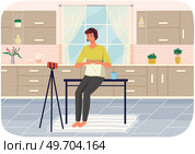 Phone on tripod. People broadcasting, stream on smartphone. Live streaming. Video blog recording, male blogger using mobile and tripod stand. Illustration of making videos for social media publishing. Phone on tripod. People broadcasting, video blog recording, stream on smartphone. Live streaming. Стоковая иллюстрация, агентство Ingram Publishing / Фотобанк Лори